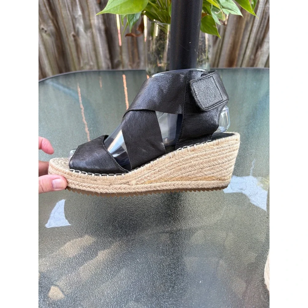 Eileen Fisher Womens Black Leather Espadrille Wedge Sandals 8.5 EF-WILLOW-LEA